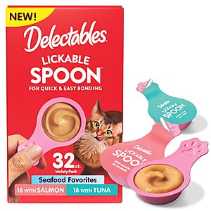 32-Ct Delectables Lickable Spoon Handheld Wet Cat Treats (Various Flavors) $18.14 w/ S&S + Free Shipping w/ Prime or on $35+