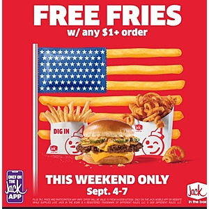 Free any size fries 🍟 with $1 minimum purchase @ Jack in the box