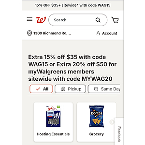Extra 15% off $35 AC or Extra 20% off $50 AC for myWalgreens members sitewide