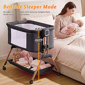 Babyeap 3-in-1 Baby Bassinet, Adjustable Bedside Sleeper with Gentle Rocking Motion, Storage Basket and Wheels for Infants, Gray $84.99