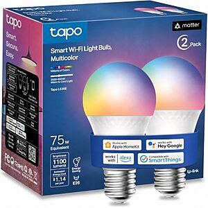$18.99* | 2-Pack Tapo 1100 Lumens A19 E26 Matter RGBW Smart Dimmable Light Bulb (L535E) + 25% Back w/ Prime Visa Card at Amazon
