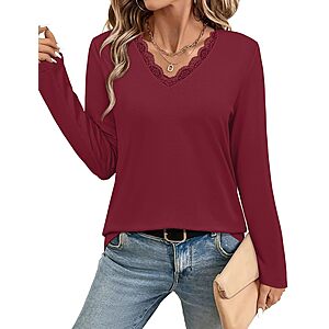 JUSTFASHIONNOW Women's Lace V Neck Long Sleeve Shirt (Various) from $5.39 + Free Shipping w/ Prime or on $35+