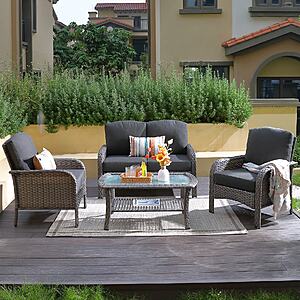 $360: Ovios New Augtus 4 -Piece Rattan Patio Conversation Set with Black Cushions Included at Lowe's