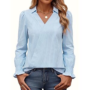 Funlingo Women's Long Sleeve V-Neck Collared Shirt w/ Smocked Cuffs (S-XXL, Blue/White) $7.49 + Free Shipping w/ Prime or on $35+