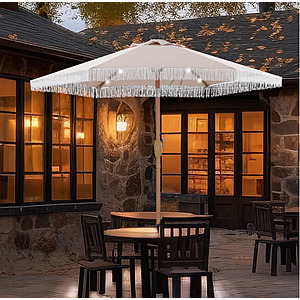 Ainfox 7.5ft Boho Fringe Round Market Patio Umbrellas with Solar LED Lights UV Protected (No Base) $36.08 + Free Shipping