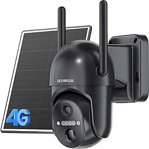 SEHMUA 4G LTE Cellular Solar Security Camera Wireless Outdoor, No Wi-Fi Solar Powered Camera, 360° Live View, 2K Color Night Vision, PIR Motion Sensor, Built-in SIM Card $19.99