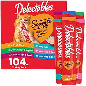 $.33/each, 104 count, Delectables Squeeze Up Variety Pack, Creamy Squeezable Puree, Lickable Wet Cat Treats, $34.62, Subscription, Amazon