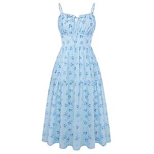 Belle Poque Floral Dress for Women Wedding Guest 2026 Spring Summer Midi Flowy Tea Party A Line Milkmaid Dresses Blue L
