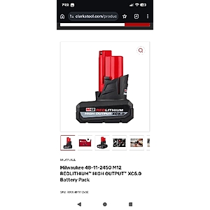 Milwaukee M12 5.0 High Output Battery $56