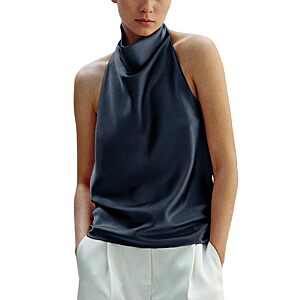 Maohao Women's Silk Satin Tank Tops Halter Draped Front Sexy Backless Womens Summer Tops Elegant Camisole Tops (Navy,S) $9.49