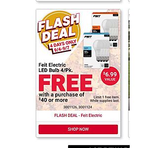 Spend $40+ at ACE HARDWARE to 9/7, get free 4 pack of LED Bulbs at link