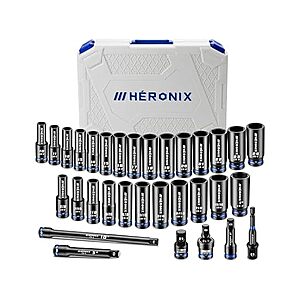 HERONIX 32-Piece 1/2" Drive Impact Socket Set with High-Vis Blue Rings & White Case, Deep SAE & Metric Sockets 10-24mm & 3/8"-1" $24