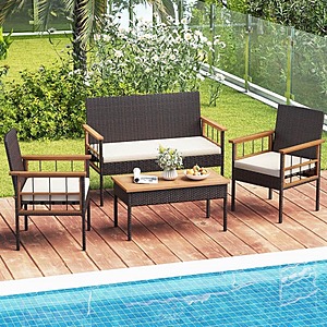 4 Piece Wicker Furniture Set with Acacia Wood Tabletop Armrests Cushions for Backyard $245