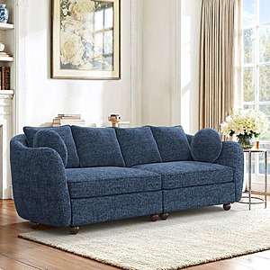 Gido 90 in. Blue Chenille Fabric Upholstered Round Arm Couch Modern Rectangle 3-Seater Sofa with Throw Pillows $458