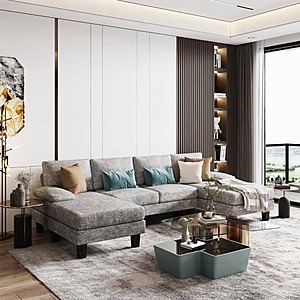 110 in. Pillow Top Arm Chenille U-Shaped Modern Sofa in Florid Gray with Chaise $353