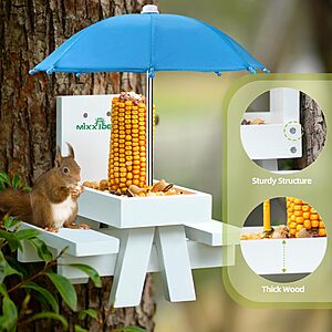 $9.74ac AMAZON FS PRIME Squirrel Feeder Table with Umbrella, Wooden Squirrel Picnic Table Feeder,