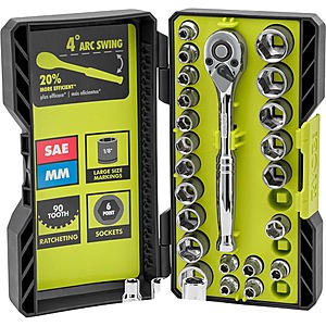 26-Pc Ryobi 1/4" Drive Ratchet & Socket Set $19.97 + Free S&H