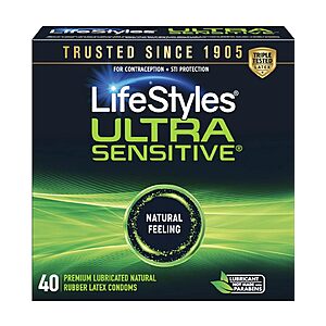 $9.44 S&S/Q LifeStyles Ultra Sensitive Natural Feeling Lubricated Latex Condoms, 40 Count