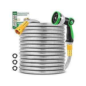 $19.99 | Garden Hose 50FT, Stainless Steel Metal Water Hose with 10-Function Nozzle at Woot!
