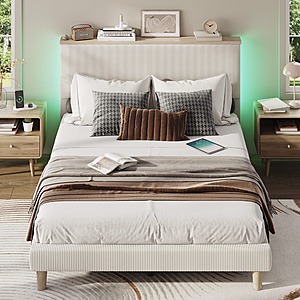 Bestier Full Platform Bed with Adjustable Storage Headboard Shelf, LED Corduroy Upholstered Bed Frame (Beige) $106.94 + Free Shipping