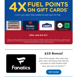 Kroger Gift Cards: $10 Bonus wyb $50 Fanatics E-gift card + 4X Fuel points