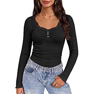 Amazon - Women's Lace Henley Long Sleeve Ribbed Top $7.50 w/ 50% Off Code