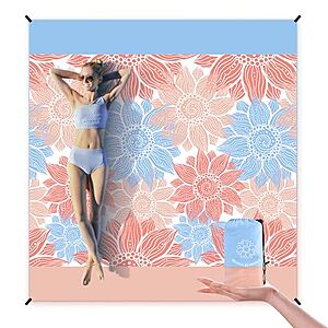 79" x 83" WIWIGO Sandproof Water-Resistant Beach Blanket w/ 4 Stakes & Carry Bag (Blue Flower) $9.06 + Free Shipping w/ Prime or on $35+