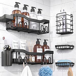Amazon ~ 7 Piece Shower Caddy Shelf Organizer Black Stainless Steel $9.99