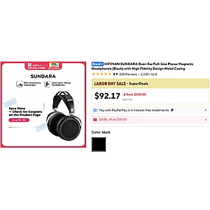 Brand New HIFIMAN SUNDARA Over-Ear Full-Size Planar Magnetic Headphones (Black) $92.17 less $4 Coupon ( LDUS04) Free Shipping Within USA Aliexpress.com $88.17