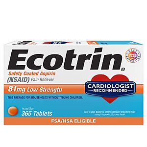 $8.04 or less S&S 40% off Q Ecotrin Enteric Coated  Low Strength Aspririn, (NSAID) Pain Reliever, 81mg, 365 Count