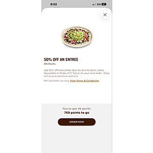 Chipotle Rewards exchange 50% off an entree ymmv