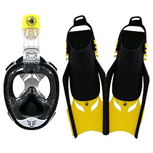 Body Glove Aire Full Face Snorkel and Fins Set for Adults, Anti-Fog and Anti-Leak 180 Degree Panoramic View, L/XL, Black/Yellow $49