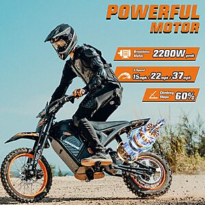 Windone RM7 Electric Dirt Bike for Teens & Adults, 48V 22.5Ah, 37MPH & 45-Mile Electric Motorcycle, 2200W Ebike, 14"/12" Off-Road Tire E-Bike, various colors $949.99