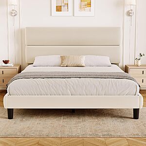 GRUSIGN Queen Size Platform Bed Frame with Velvet Headboard, Adjustable Height Wooden Slats Support, Upholstered Mattress Foundation $113.99