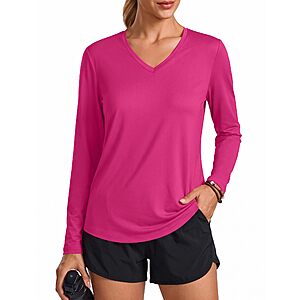 PINSPARK Long Sleeve Shirts for Women Ultra Soft V Neck Workout Tops UPF 50+ Sun Shirt Athletic Running Hiking Top,Rose Red M $4.99