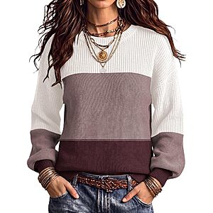 Zeagoo Womens Color Block Sweaters Plus Size Fall 2025 Crew Neck Chunky Sweater for Women Casual Loose Knit Pullover Jumper Tops $12