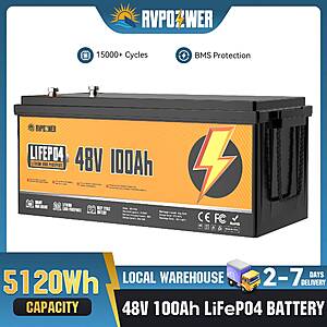 RVPOZWER 48V 100Ah Lithium LiFePO4 Battery $403 + Free Shipping