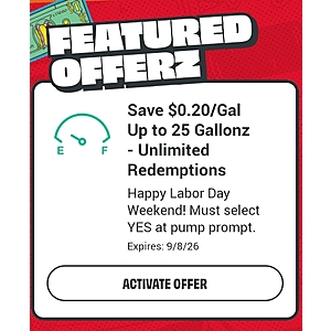 Sheetz $.20 off 25 gallons of gas, up to $.40 off if purchasing MTO meal or drink