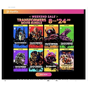 8 Transformers Digital Movie Bundle 4K UHD $24.99 Fanflix.com
