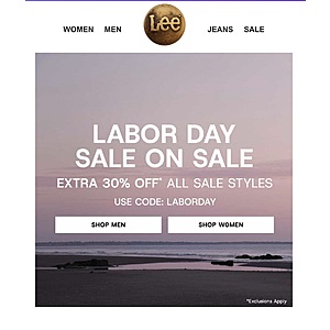 Lee.com Labor Day Sale Extra 30% Off All Sale Styles Use code LABORDAY