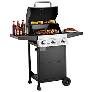 VEVOR Gas Grill, 3 Burner Propane Gas Grill with Spacious 338 SQ.In Grilling Area, Carbon Steel Enamel Grates, Outdoor 36,000 BTU Patio Garden BBQ Grills $179.90