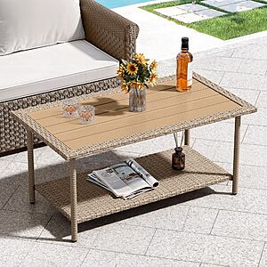 YITAHOME Outdoor Wicker Coffee Table with Storage, 39.4" 2 Tier Rectangle Patio Coffee Table, All-Weather Rattan Outdoor Storage Table  $53.99