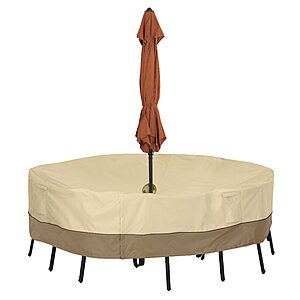 Classic Accessories 55-461-031501-00 Veranda Water-Resistant 70 Inch Round Patio Table & Chair Set Cover with Umbrella Hole,Pebble,Medium, Outdoor Table Cover $54.99