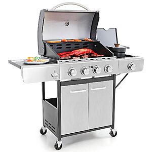 Captiva Designs Propane Gas BBQ Grill with Side Burner, 4 Burner 42,000 BTU Porcelain-Enameled Cast Iron Grates~$299.98 @ Amazon
