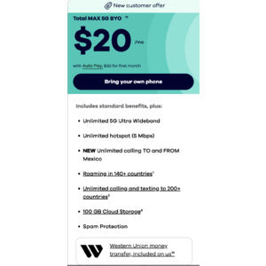 Total Wireless $20 per month unlimited plan for single line and BYOD | Includes international roaming data and calling in 140 countries
