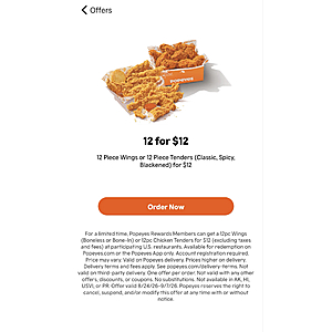 popeyes: 12 piece wings/ tenders $12