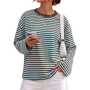 Striped Long Sleeve Shirt Women Oversized Cotton Fall Y2K Tops CoffeeBlue L $6.99