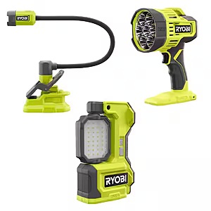 RYOBI ONE+ 18V Cordless Lighting Combo Kit w/ LED Magnetic Task Light, LED Spotlight, & Flexible LED Clamp Light (Tools Only) $58