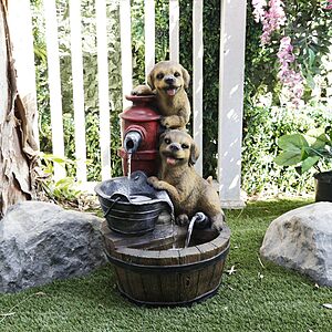 Alpine Corporation GXT986 26" Tall Outdoor Barrel Fountain with Playful Puppies, Cascading Garden Water Feature for Patio, Lawn, or Yard Decor, Brown $151.7
