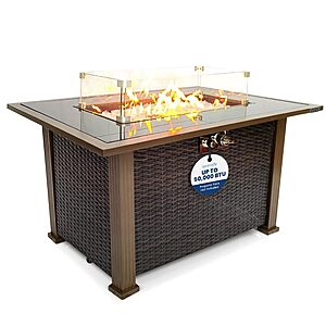 SereneLife 43.5-Inch Outdoor Propane Fire Pit Table – 50,000 BTU, Tempered Glass Wind Guard, Sliding Door, Auto-Ignition, Stainless Steel Burner $221.97